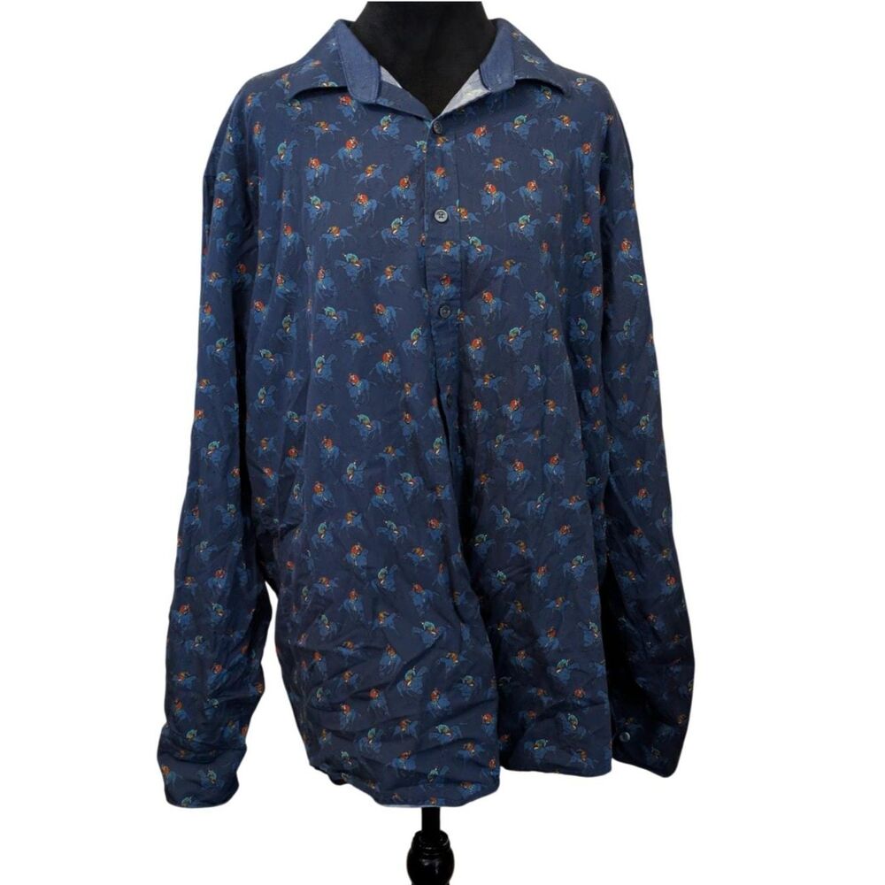 Bugatchi Equestrian Jockey Horse Print Cotton Button Down Shirt Navy, XL